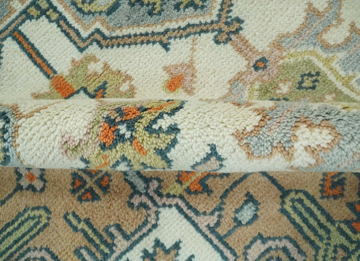 Ivory, Silver, Peach and Olive Traditional Heriz Hand Knotted Multi Size wool Area Rug.
