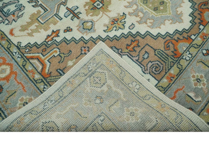 Ivory, Silver, Peach and Olive Traditional Heriz Hand Knotted Multi Size wool Area Rug.