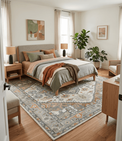 Ivory, Silver, Peach and Olive Traditional Heriz Hand Knotted Multi Size wool Area Rug.