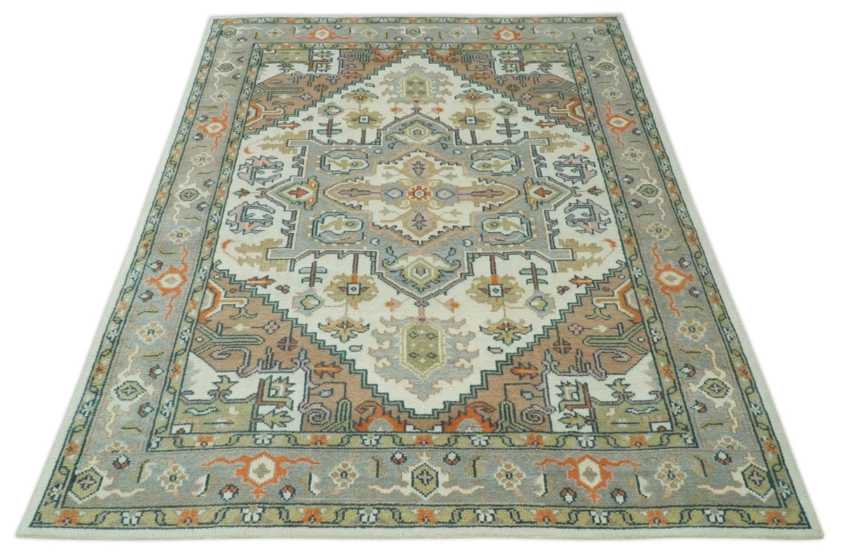 Ivory, Silver, Peach and Olive Traditional Heriz Hand Knotted Multi Size wool Area Rug.