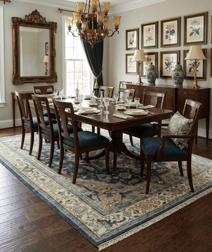 Ivory, Teal, and silver Hand Knotted Traditional Medallion Multi size wool Area Rug.