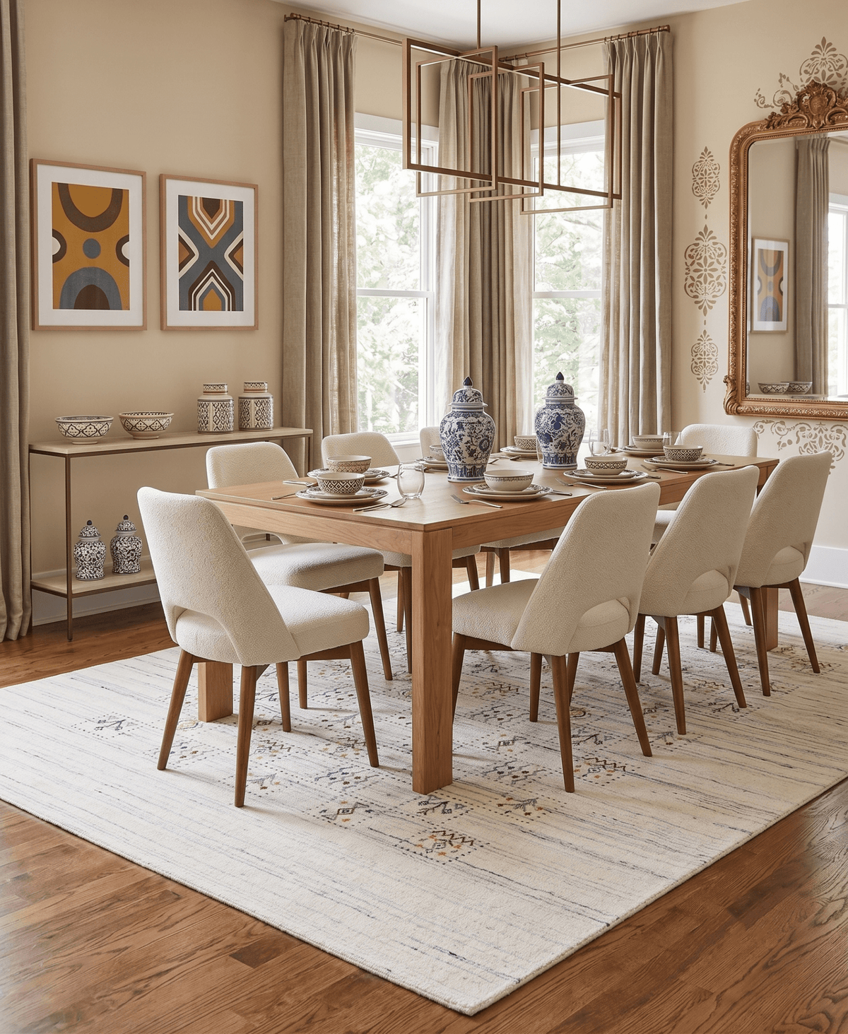 Ivory Tribal Design Hand Loomed Wool Area Rug.