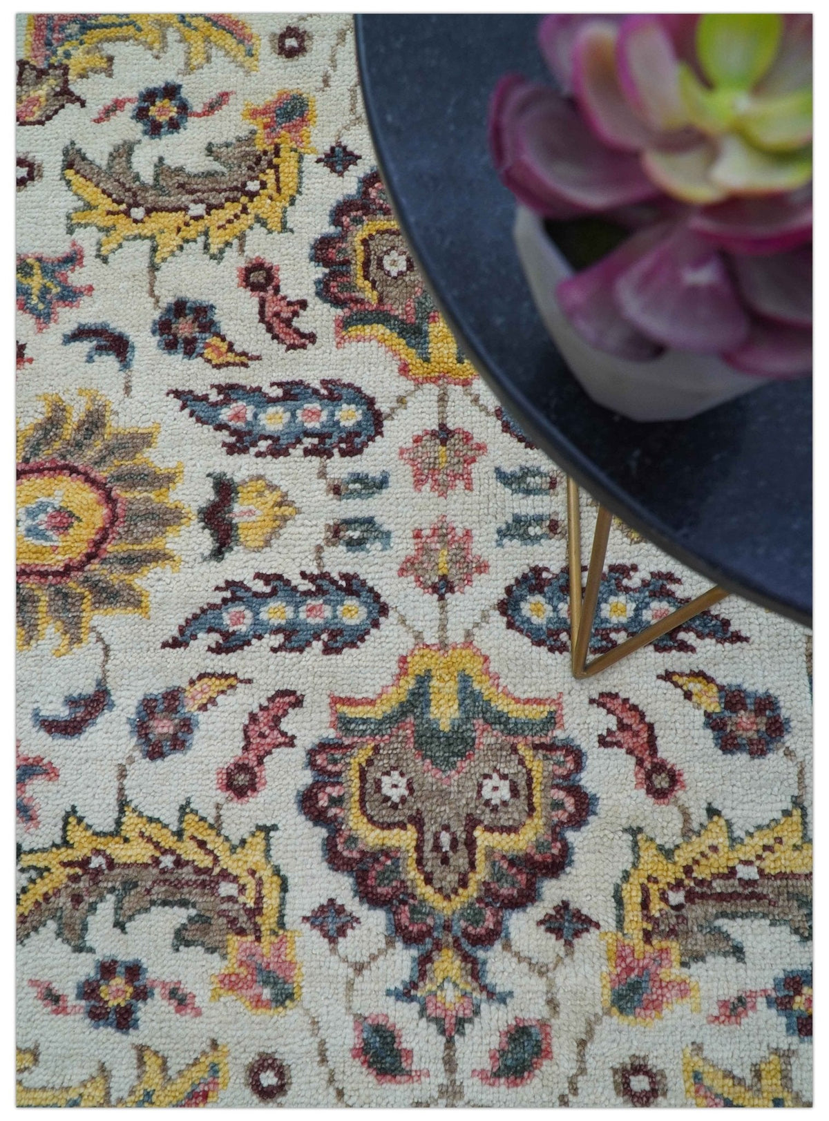 Kelly Turkish Design Ivory And Blue Hand Knotted Wool Rug.