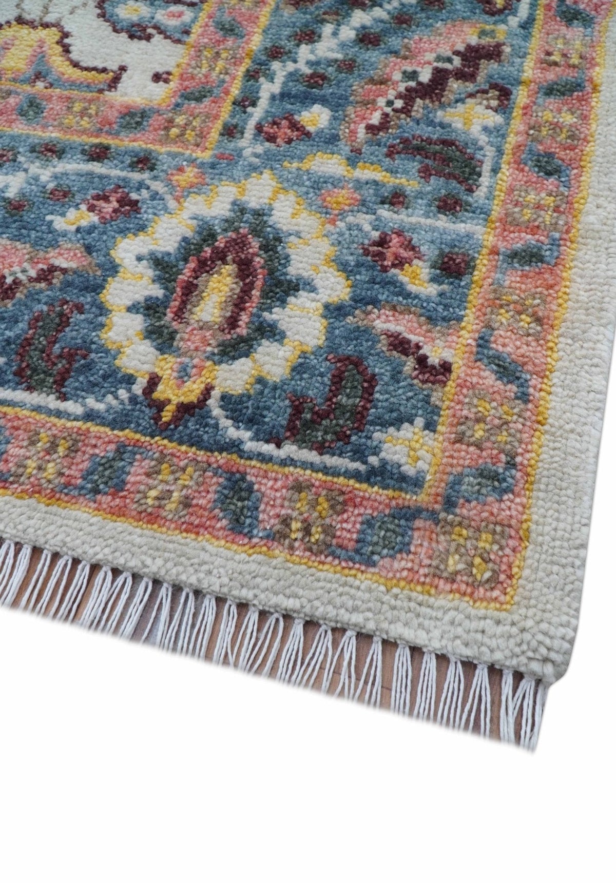 Kelly Turkish Design Ivory And Blue Hand Knotted Wool Rug.