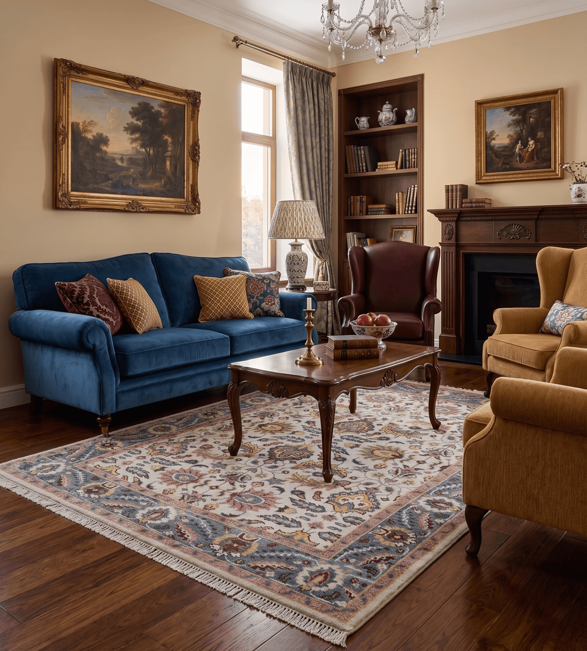 Kelly Turkish Design Ivory And Blue Hand Knotted Wool Rug.