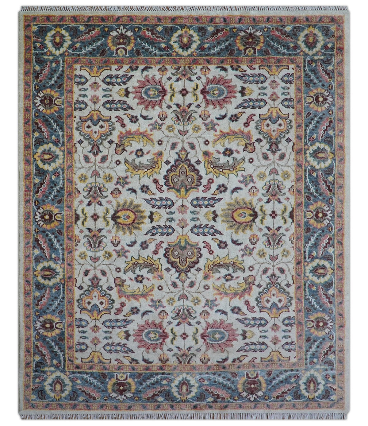 Kelly Turkish Design Ivory And Blue Hand Knotted Wool Rug.