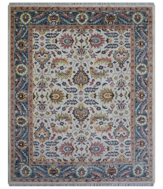 Kelly Turkish Design Ivory And Blue Hand Knotted Wool Rug.