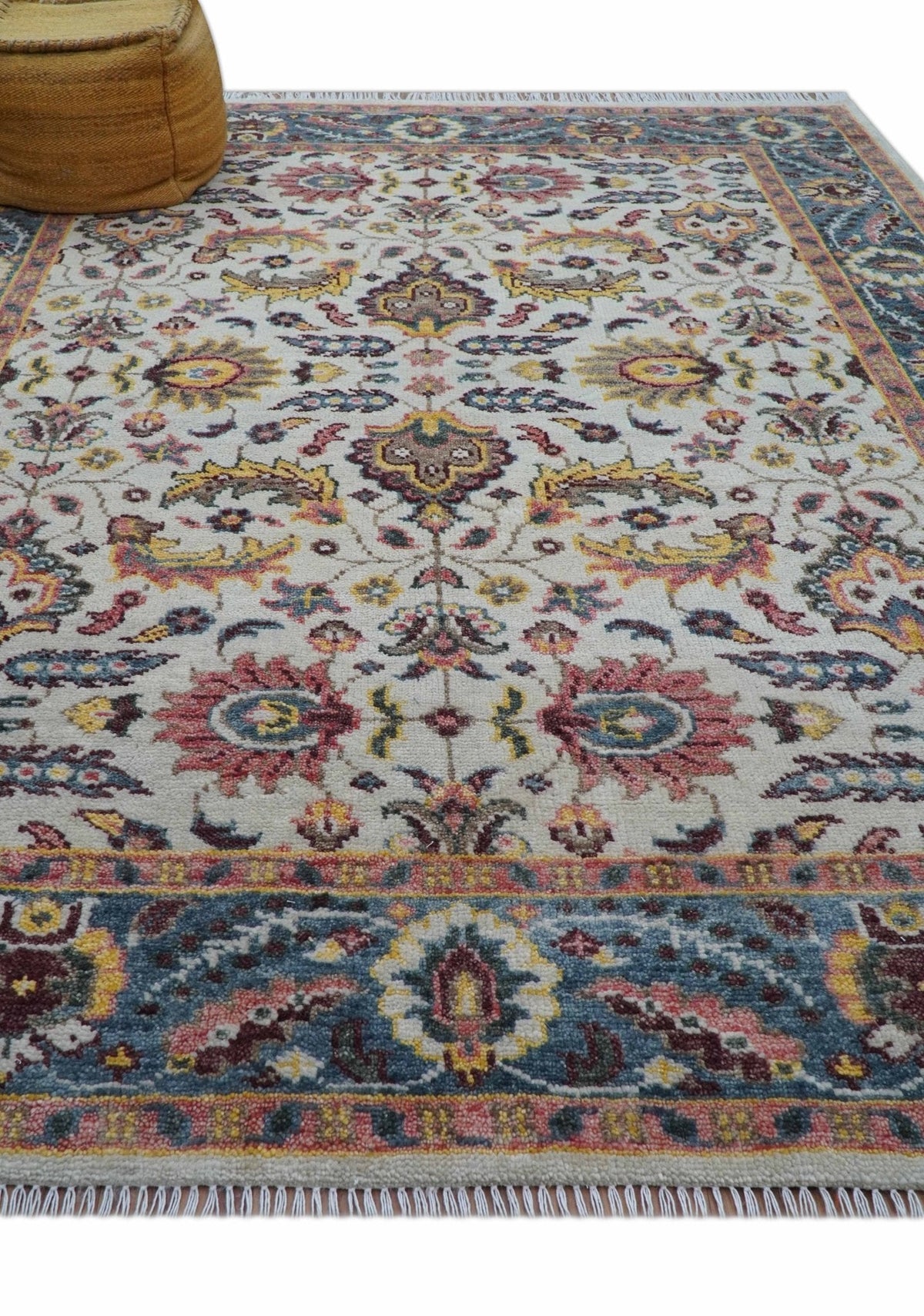 Kelly Turkish Design Ivory And Blue Hand Knotted Wool Rug.