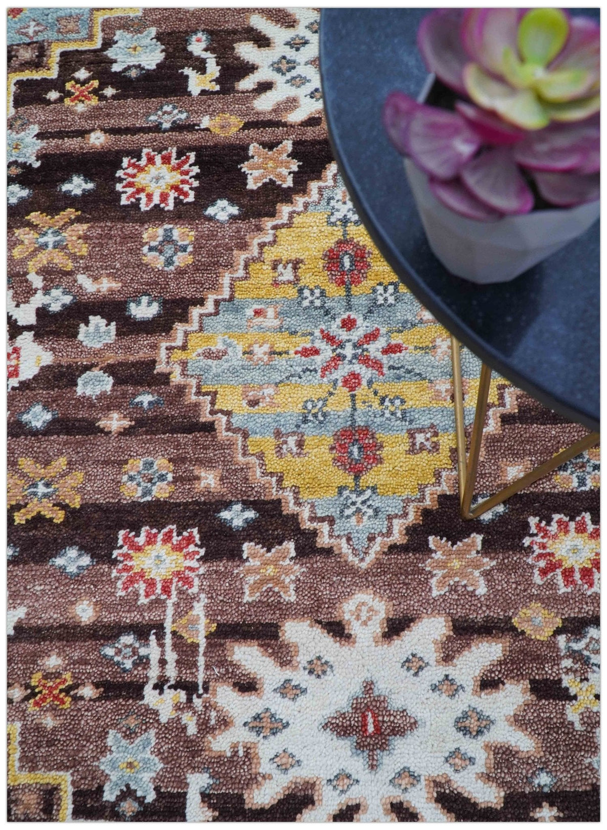 Ken Transitional Design Brown And Mustard Hand Knotted Wool Rug.