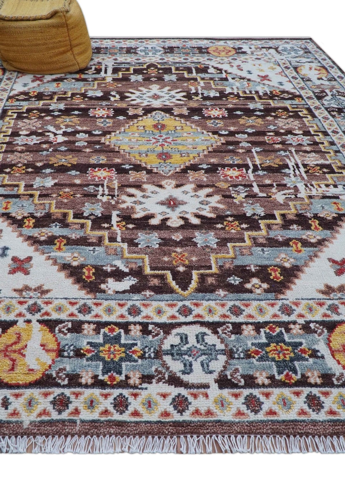 Ken Transitional Design Brown And Mustard Hand Knotted Wool Rug.