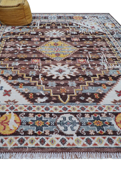Ken Transitional Design Brown And Mustard Hand Knotted Wool Rug.