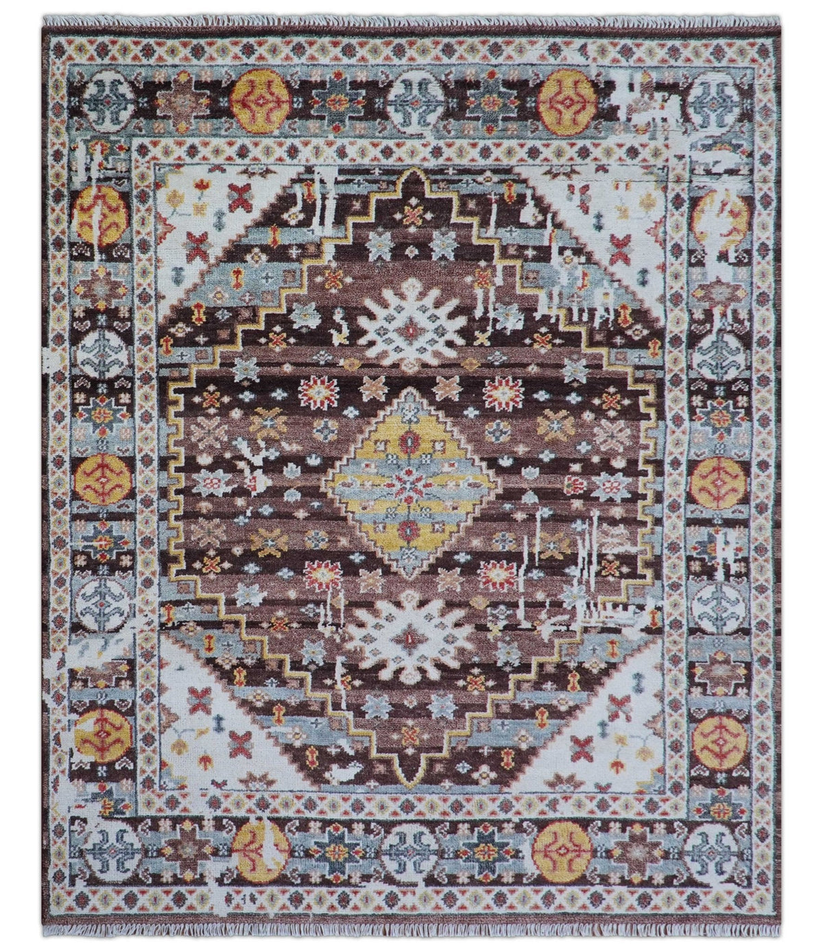 Ken Transitional Design Brown And Mustard Hand Knotted Wool Rug.
