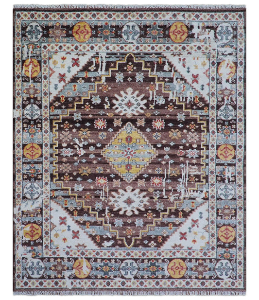 Ken Transitional Design Brown And Mustard Hand Knotted Wool Rug.
