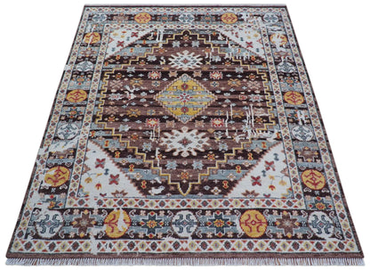 Ken Transitional Design Brown And Mustard Hand Knotted Wool Rug.