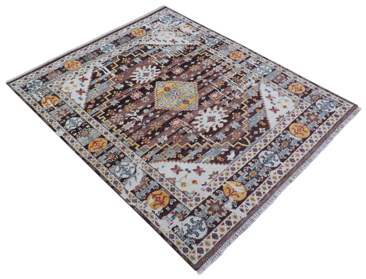 Ken Transitional Design Brown And Mustard Hand Knotted Wool Rug.
