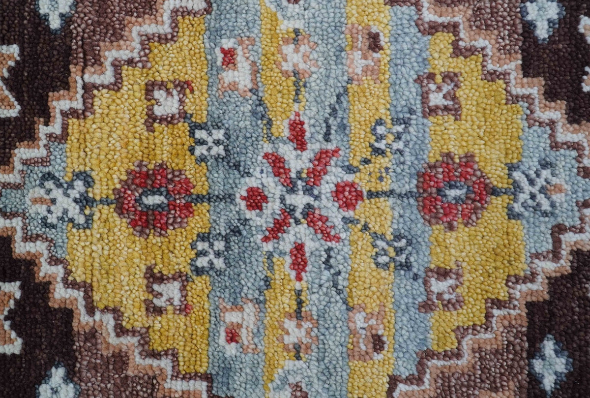 Ken Transitional Design Brown And Mustard Hand Knotted Wool Rug.
