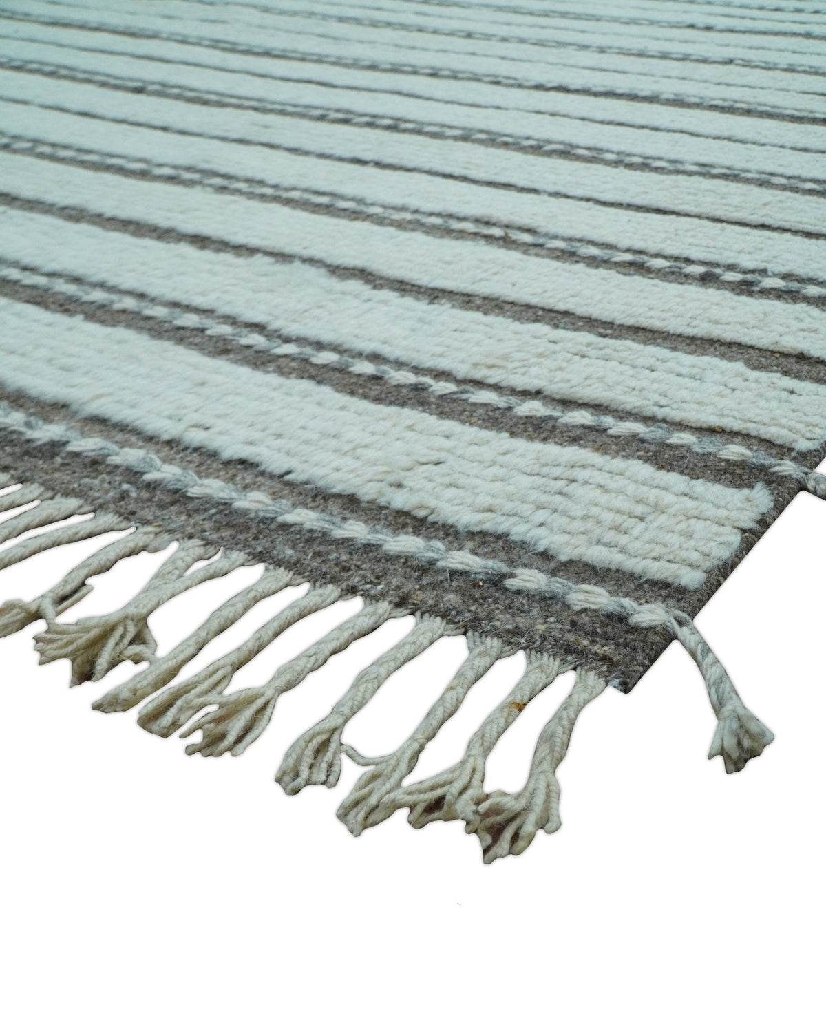 Krabi Contemporary Ivory And Brown Hand Knotted Wool Rug.