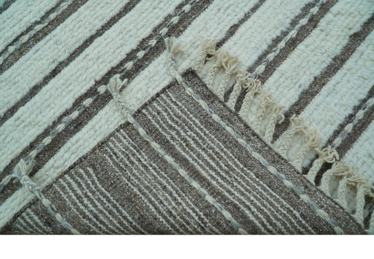 Krabi Contemporary Ivory And Brown Hand Knotted Wool Rug.