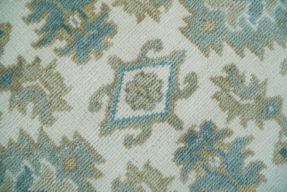 Hand Knotted Oriental Oushak Teal, Ivory and Beige Custom Made Wool Area Rug.
