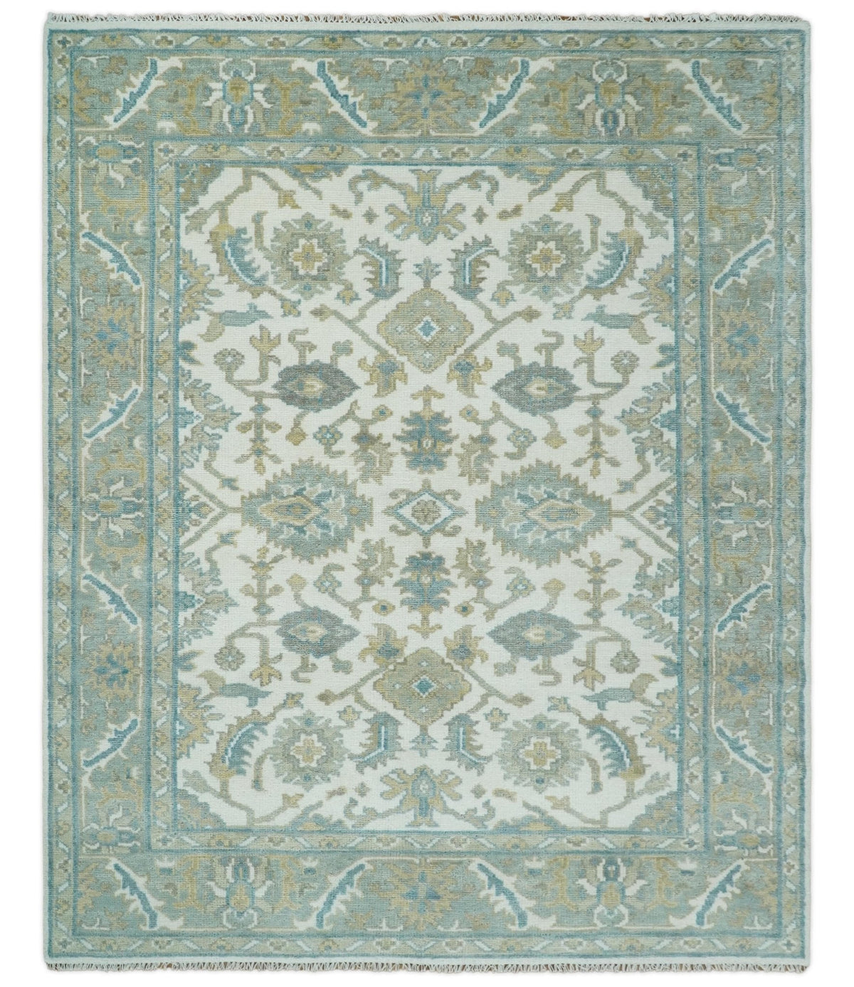 Hand Knotted Oriental Oushak Teal, Ivory and Beige Custom Made Wool Area Rug.