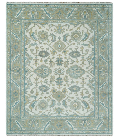 Hand Knotted Oriental Oushak Teal, Ivory and Beige Custom Made Wool Area Rug.