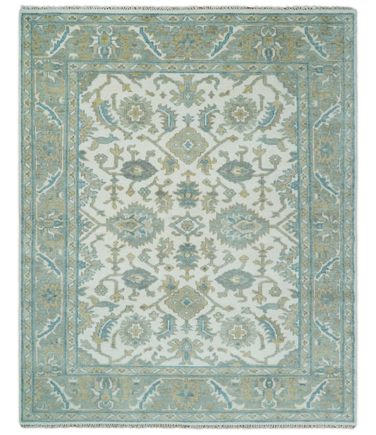 Hand Knotted Oriental Oushak Teal, Ivory and Beige Custom Made Wool Area Rug.