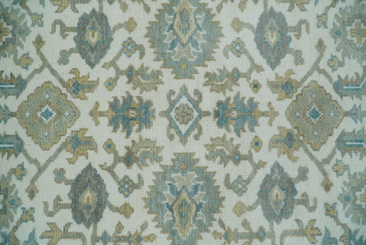 Hand Knotted Oriental Oushak Teal, Ivory and Beige Custom Made Wool Area Rug.