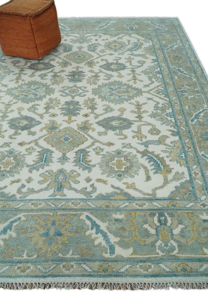 Hand Knotted Oriental Oushak Teal, Ivory and Beige Custom Made Wool Area Rug.