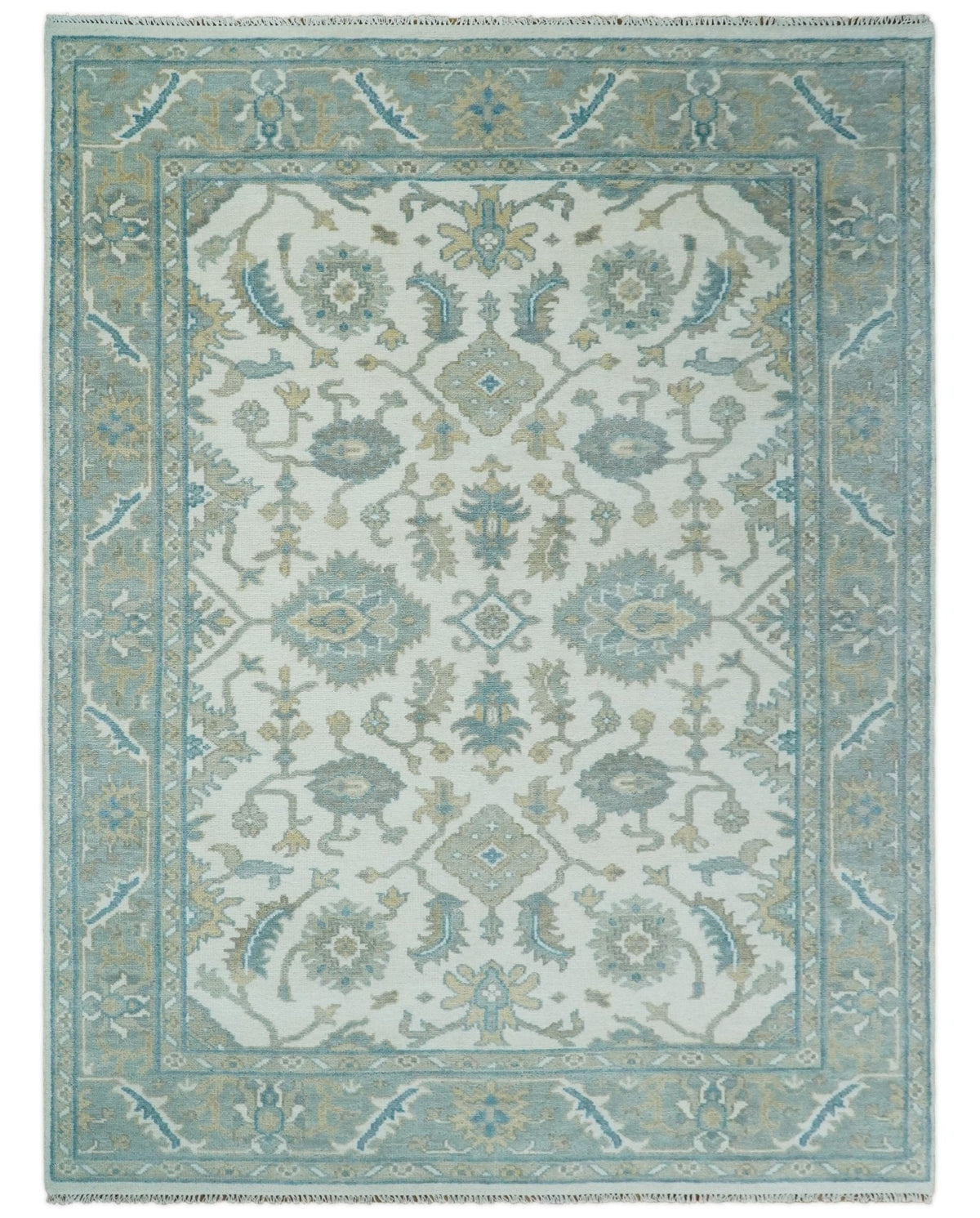 Hand Knotted Oriental Oushak Teal, Ivory and Beige Custom Made Wool Area Rug.