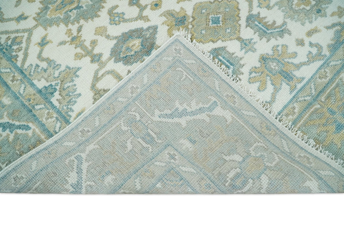 Hand Knotted Oriental Oushak Teal, Ivory and Beige Custom Made Wool Area Rug.