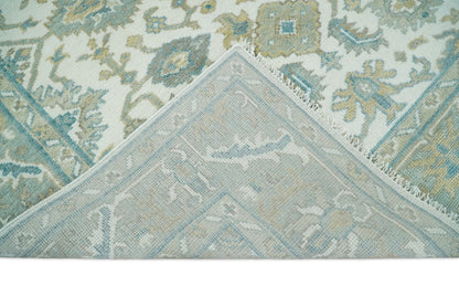 Hand Knotted Oriental Oushak Teal, Ivory and Beige Custom Made Wool Area Rug.