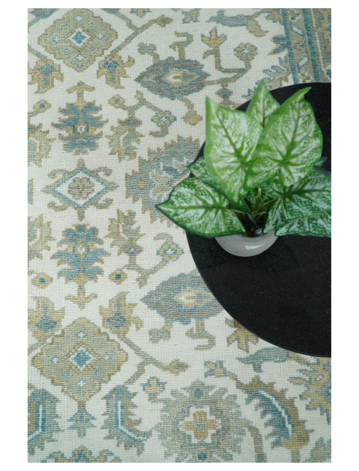 Hand Knotted Oriental Oushak Teal, Ivory and Beige Custom Made Wool Area Rug.