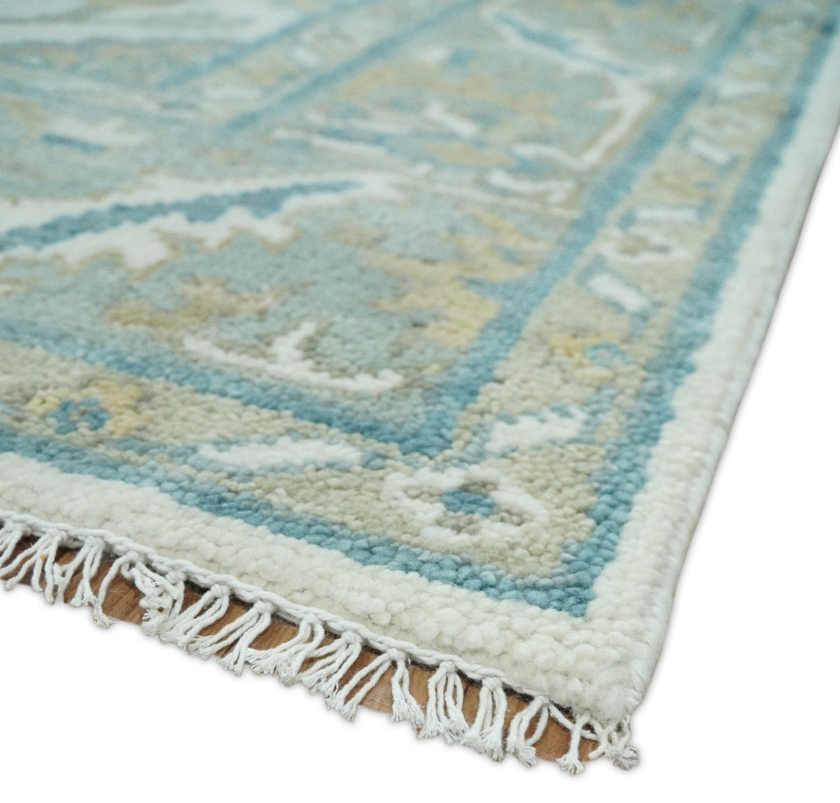 Hand Knotted Oriental Oushak Teal, Ivory and Beige Custom Made Wool Area Rug.