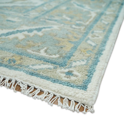 Hand Knotted Oriental Oushak Teal, Ivory and Beige Custom Made Wool Area Rug.
