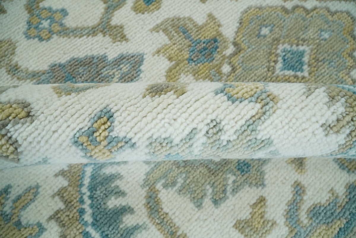 Hand Knotted Oriental Oushak Teal, Ivory and Beige Custom Made Wool Area Rug.