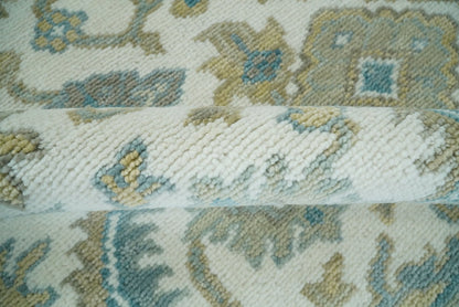 Hand Knotted Oriental Oushak Teal, Ivory and Beige Custom Made Wool Area Rug.