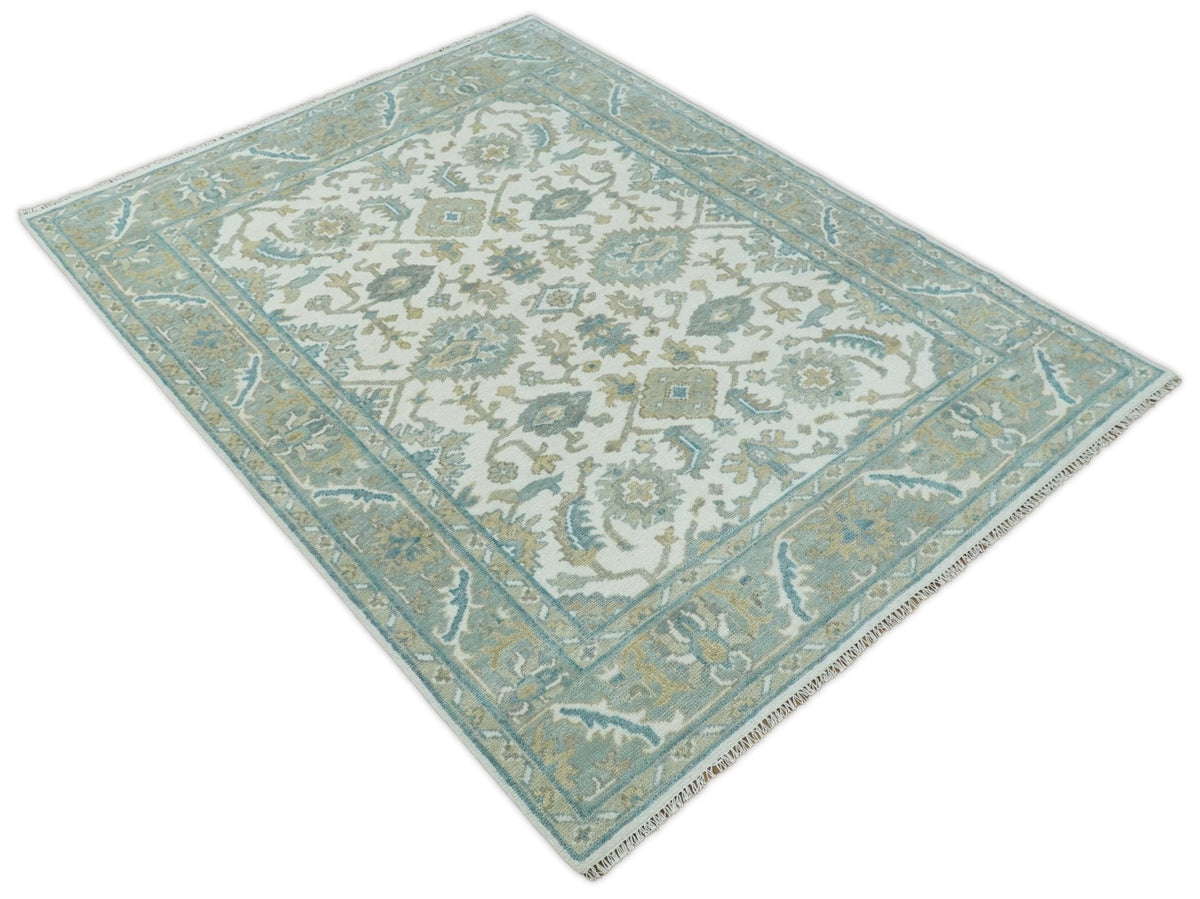 Hand Knotted Oriental Oushak Teal, Ivory and Beige Custom Made Wool Area Rug.