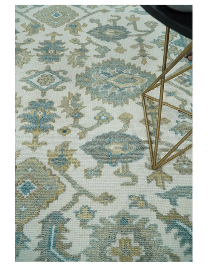Hand Knotted Oriental Oushak Teal, Ivory and Beige Custom Made Wool Area Rug.