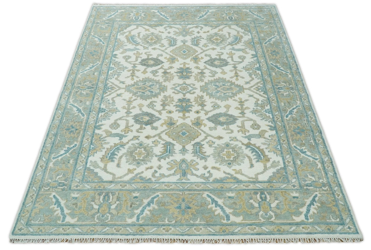 Hand Knotted Oriental Oushak Teal, Ivory and Beige Custom Made Wool Area Rug.