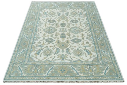 Hand Knotted Oriental Oushak Teal, Ivory and Beige Custom Made Wool Area Rug.