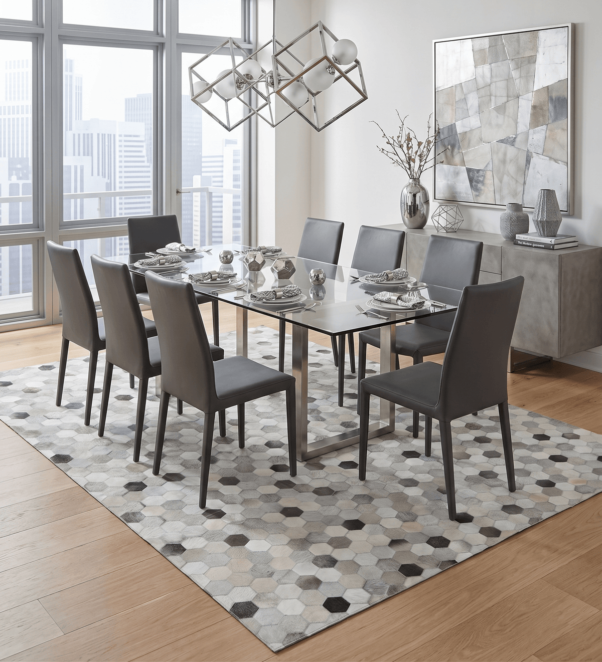 Custom Made Leather Patchwork Silver and Ivory Modern Geometric Rug.