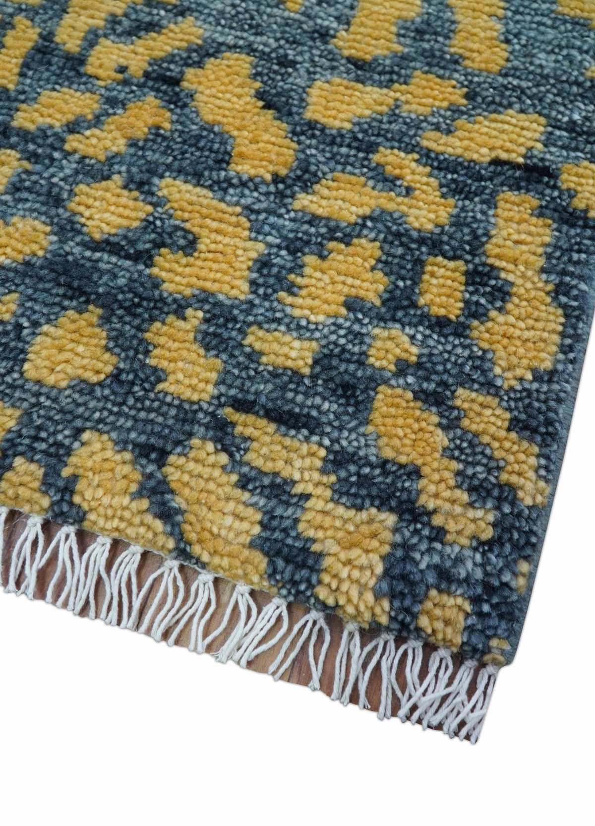Leopard Animal Print Charcoal And Gold Hand Knotted Wool Rug.