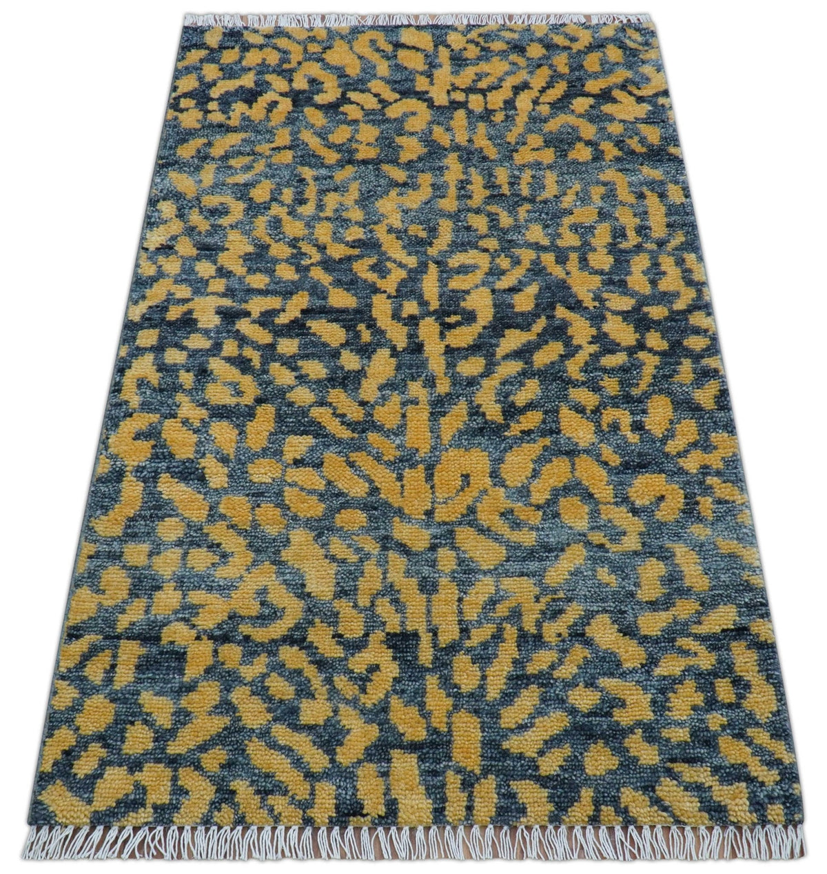 Leopard Animal Print Charcoal And Gold Hand Knotted Wool Rug.