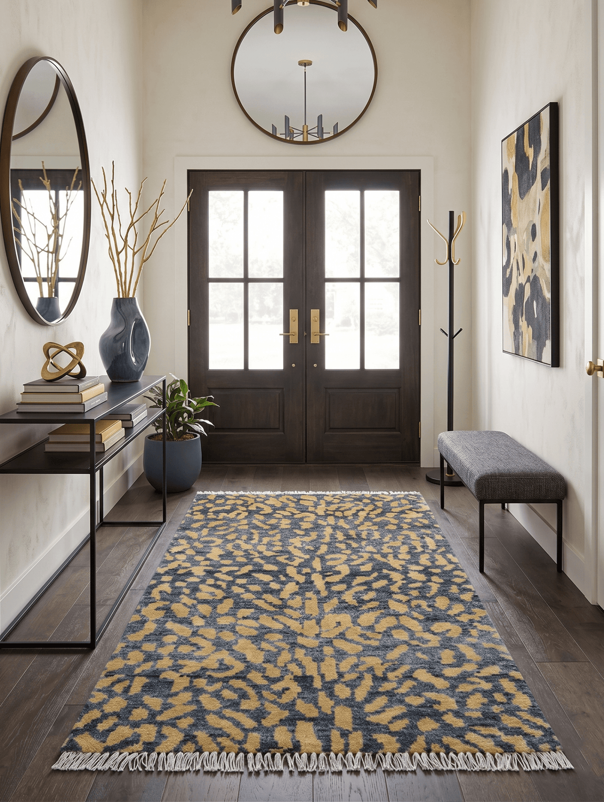 Leopard Animal Print Charcoal And Gold Hand Knotted Wool Rug.