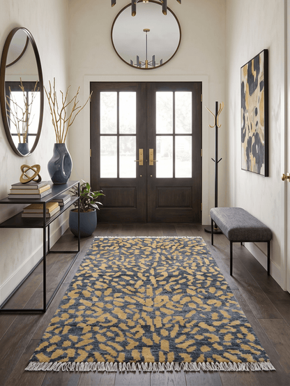 Leopard Animal Print Charcoal And Gold Hand Knotted Wool Rug.