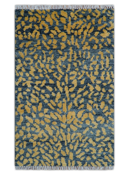 Leopard Animal Print Charcoal And Gold Hand Knotted Wool Rug.