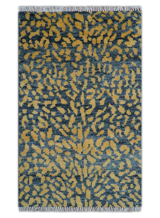 Leopard Animal Print Charcoal And Gold Hand Knotted Wool Rug.