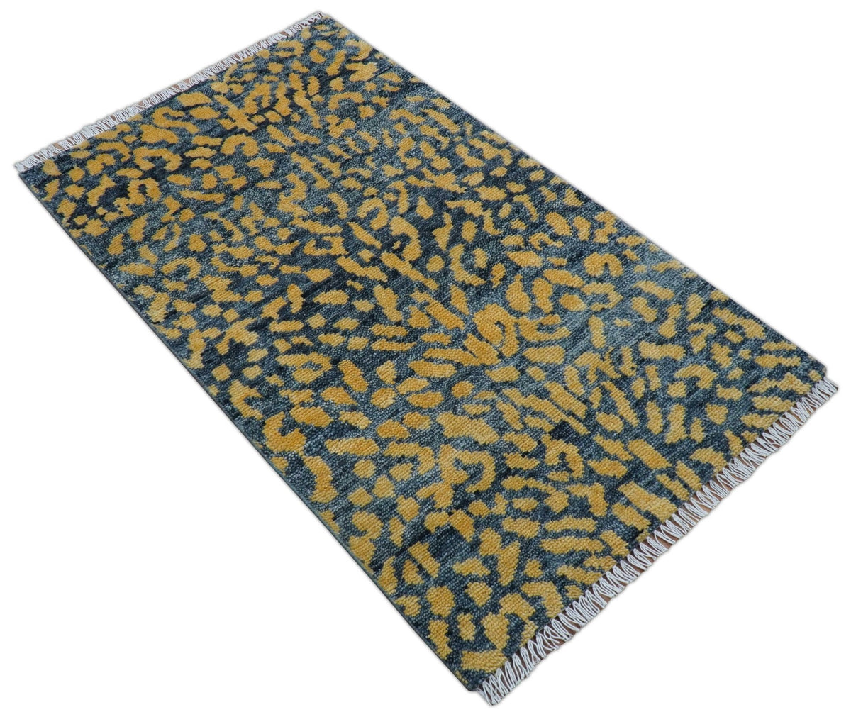 Leopard Animal Print Charcoal And Gold Hand Knotted Wool Rug.