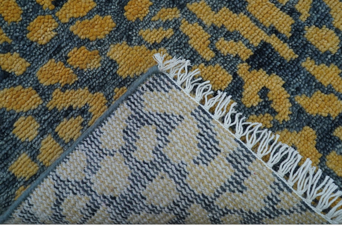 Leopard Animal Print Charcoal And Gold Hand Knotted Wool Rug.