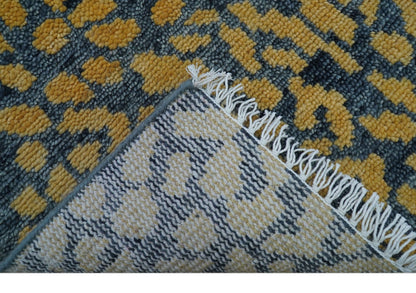 Leopard Animal Print Charcoal And Gold Hand Knotted Wool Rug.